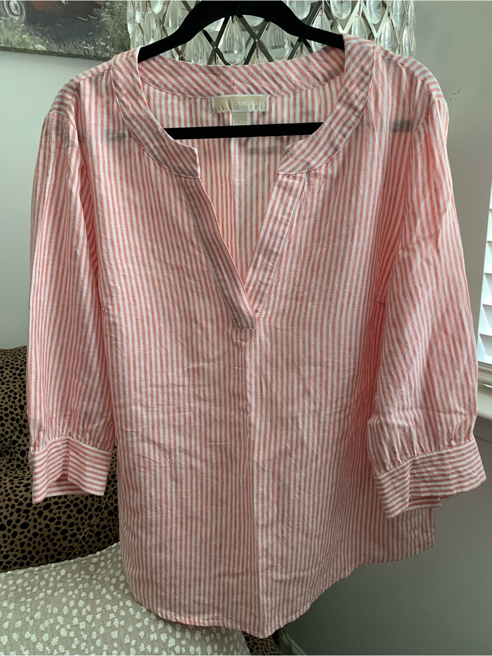 Michael Kors Pink/Coral and White Striped Split-Neck Tunic